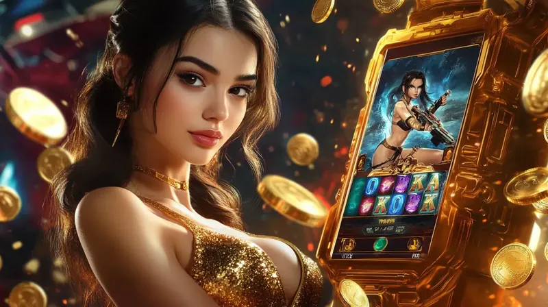 A brunette in a gold dress stands next to a large smartphone screen that displays the online casino app interface, featuring live roulette and other table games.