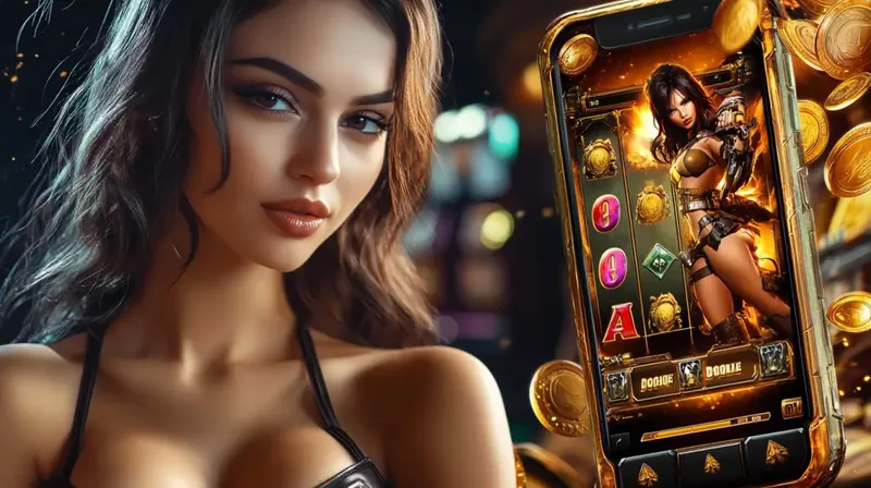 A woman with a confident expression gestures towards a smartphone showcasing a diverse library of slot and casino games available on the mobile application.