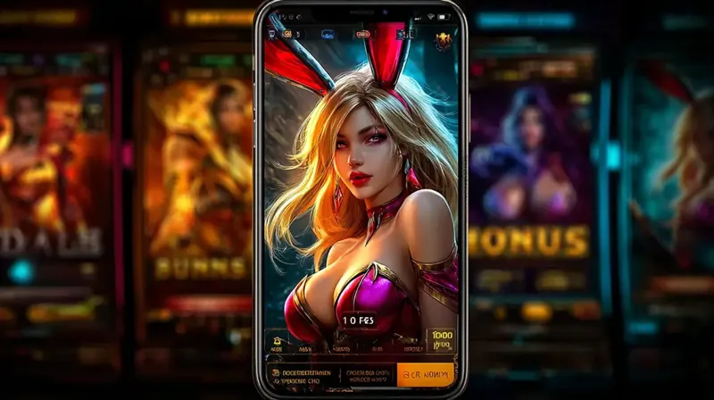 A stylized woman in a gold outfit holds a phone showing a slot machine game, with a large, glowing BONUS sign visible in the neon-lit casino background.