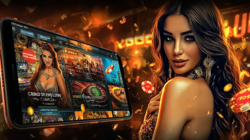 A beautiful woman in a sparkling gold dress looks invitingly at the camera while holding a phone that displays a fantasy-themed slot game, symbolizing a glamorous entry.