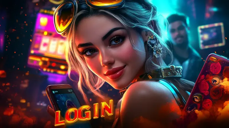 A woman with blonde hair and goggles on her head looks over her shoulder and smiles, presenting a phone with a bright, fiery LOGIN button ready for action.