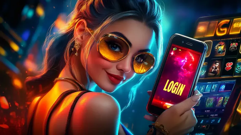 A stylish woman wearing large yellow sunglasses smiles as she holds up a smartphone with a glowing red LOGIN button on the screen in a vibrant casino setting.