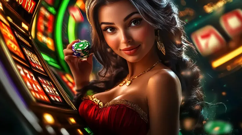 A stunning woman in a red and gold dress holds a stack of green casino chips while standing next to a brightly lit slot machine in a luxurious casino setting.
