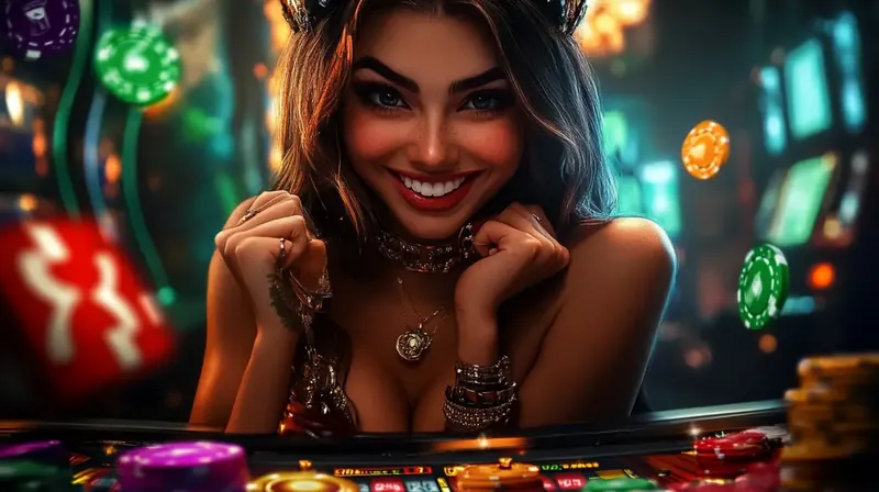 A happy woman with a beautiful smile and a crown in her hair leans over a live casino gaming table, creating an inviting and engaging atmosphere for players.